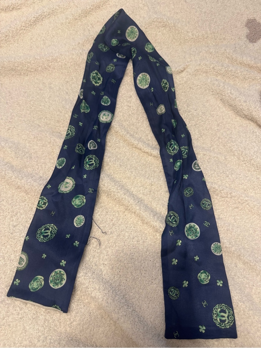 CHANEL Navy Blue Silk Scarf with Green Medallion Print